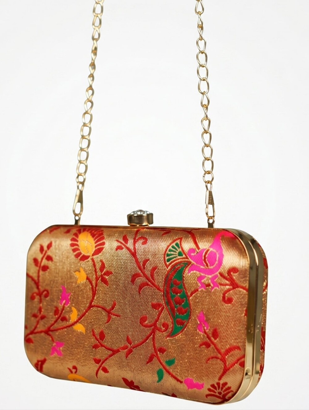 Wedtree Gold Floral Embroidered Evening Clutch with Chain Strap